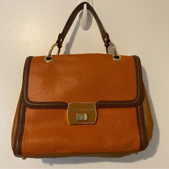 Love Moschino Handbags - Love Moschino Vintage Orange and Brown Pebbled Leather Satchel Purse Bag